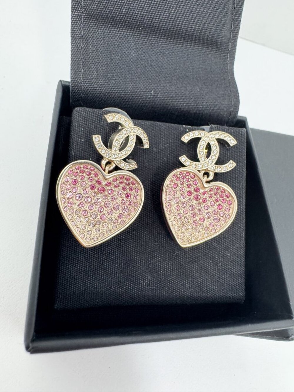 Chanel Crystal CC Resin Heart Drop Earrings Pink Gold